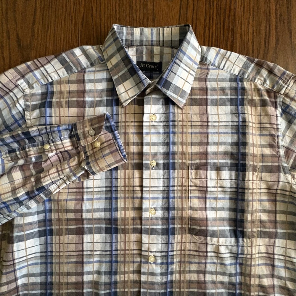 St. Croix Men‎ Button Down Shirt Large Tan Blue Plaid Cotton Italy Pocket EUC!